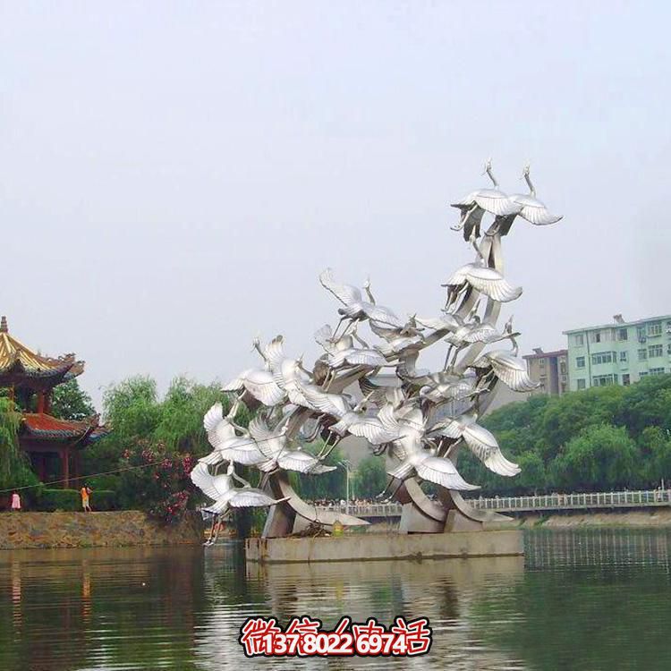 不銹鋼仙鶴群水景裝飾景觀(guān)雕塑