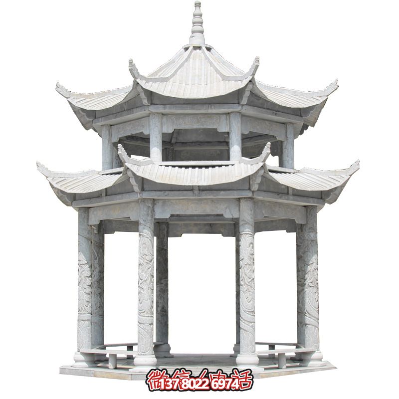 精美大理石雙層柱涼亭，雕塑點(diǎn)綴休息亭