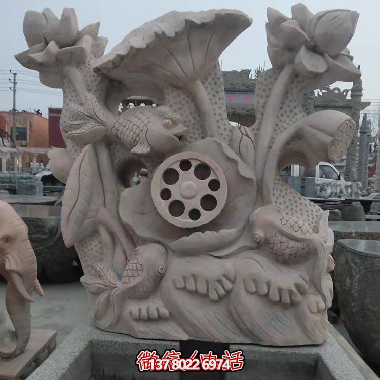 紅晚霞石雕園林景區浮雕荷花魚(yú)噴泉