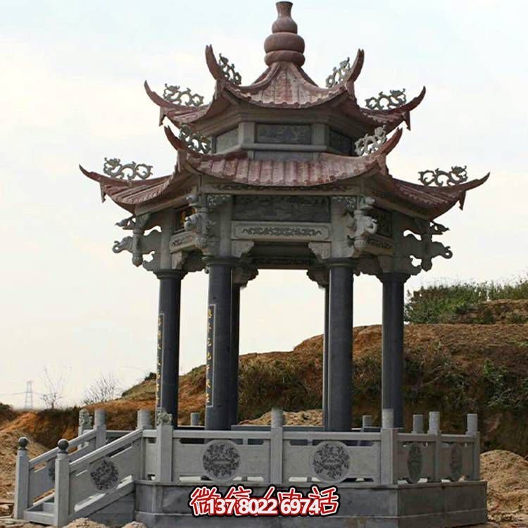 古典風(fēng)格二層涼亭，青石雕刻仿古園林戶(hù)外擺放