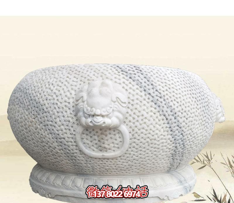 精美狴犴圓形雕塑，點(diǎn)綴庭院水缸浮雕
