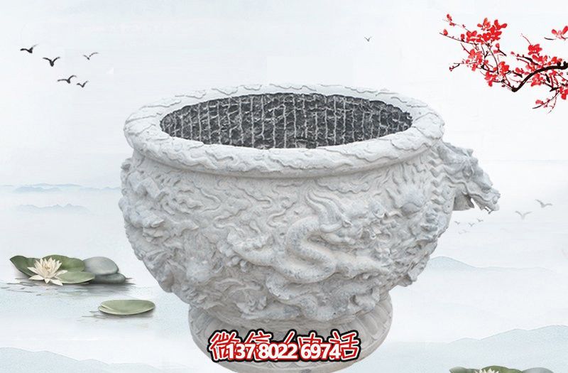 漢白玉石雕龍浮雕水缸雕塑，為庭院增添優(yōu)雅氣息