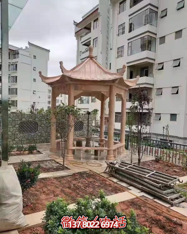 晚霞色石雕大理石涼亭，點(diǎn)綴園林美景