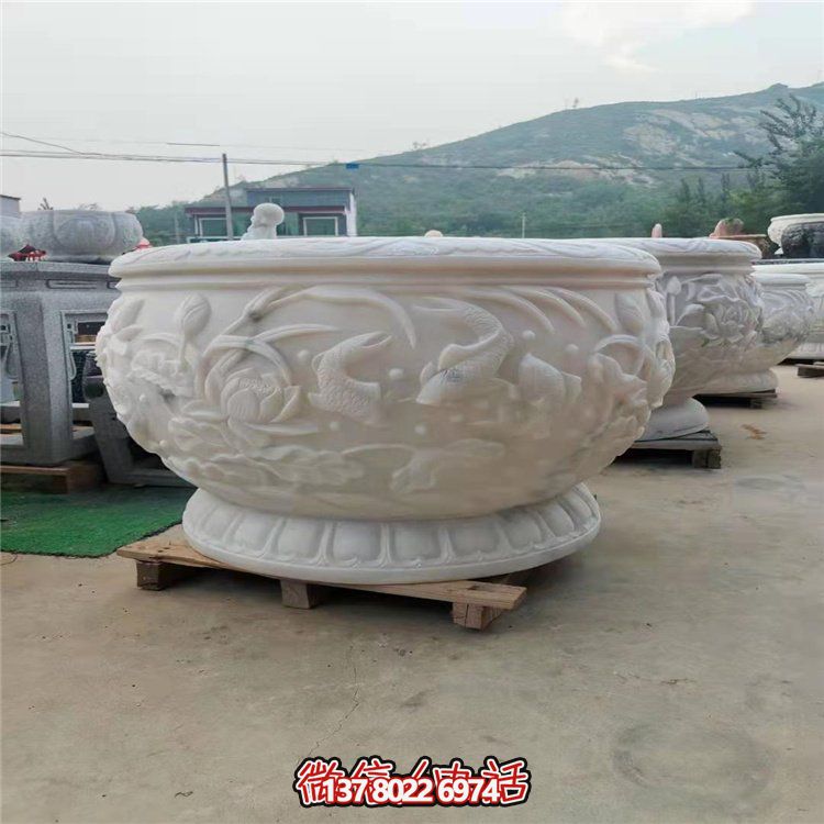 古典經(jīng)典，漢白玉鯉魚(yú)雕刻圓形水缸