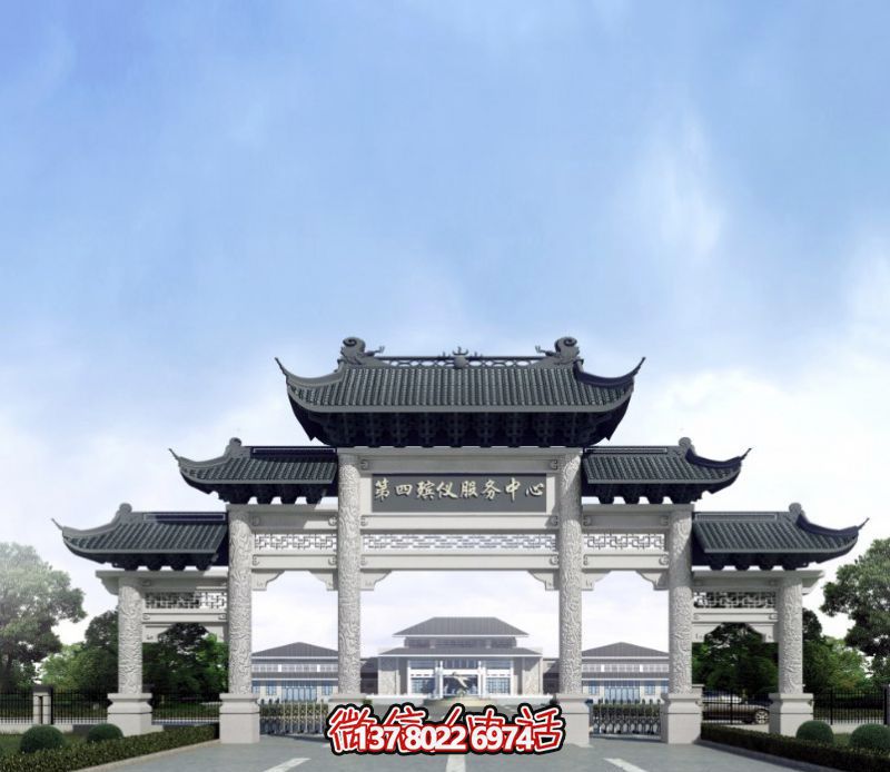 一座新式殯儀館五門(mén)景觀(guān)、青瓦斗拱、牌樓等高雅裝飾
