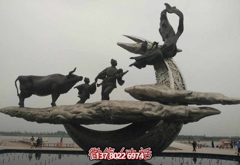 城市園林不銹鋼牛郎織女一家相會(huì )雕塑