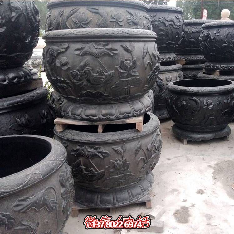 大理石雕刻荷花仿古養魚(yú)水缸庭院裝飾擺件