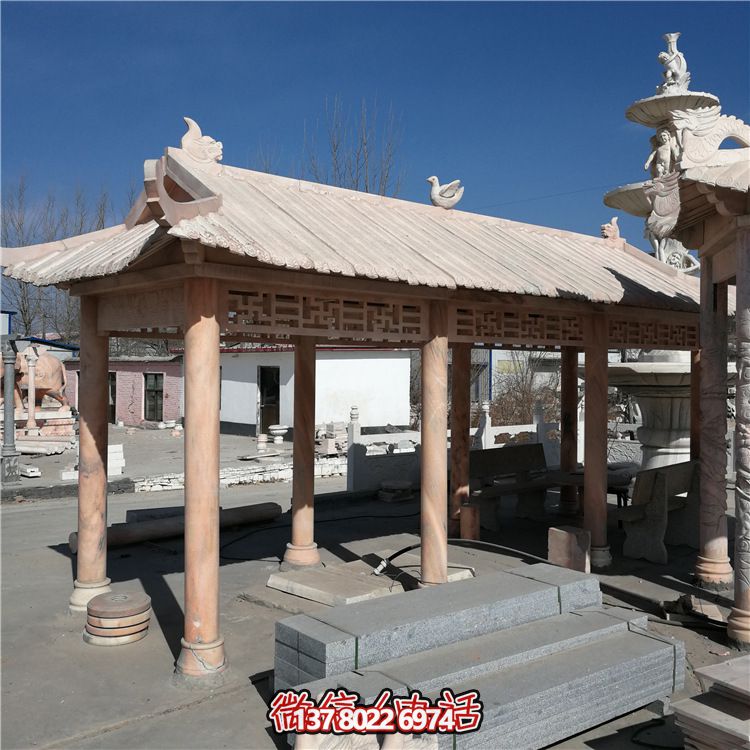 小區廣場(chǎng)長(cháng)廊晚霞紅石雕休息涼亭