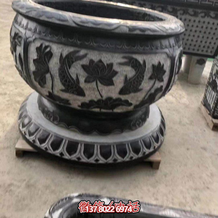花園擺放青石荷花鯉魚(yú)水缸陽(yáng)臺花盆魚(yú)缸
