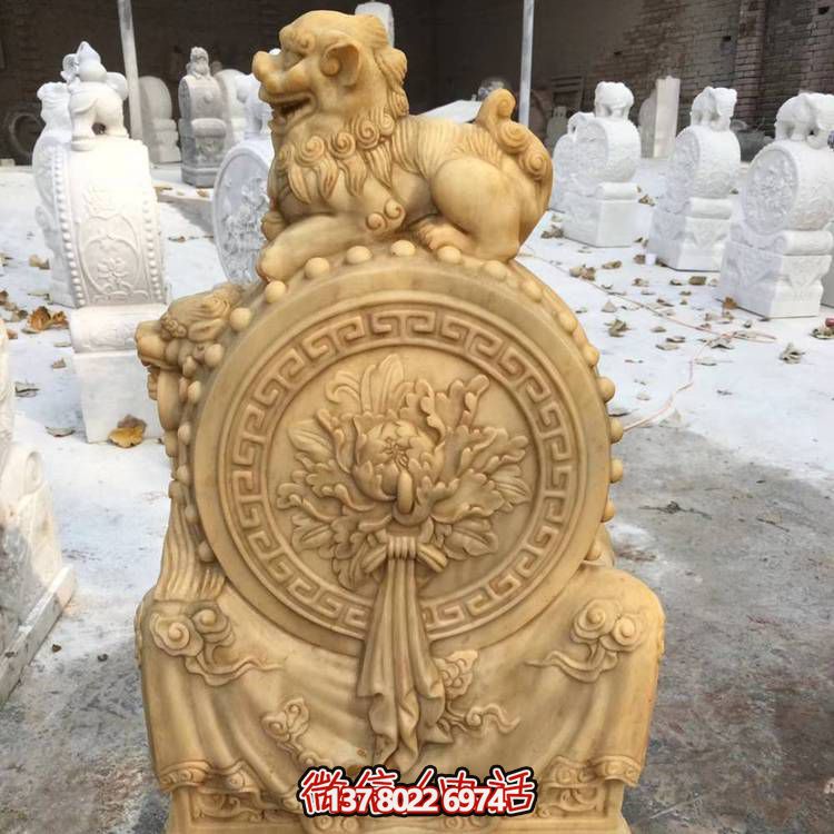 天然石材黃銹巖雕刻小獅子招財鎮宅抱鼓石門(mén)墩