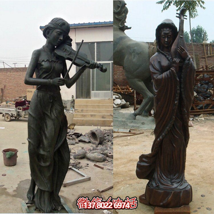 校園廣場(chǎng)擺放玻璃鋼仿銅拿樂(lè )器仕女人像雕塑
